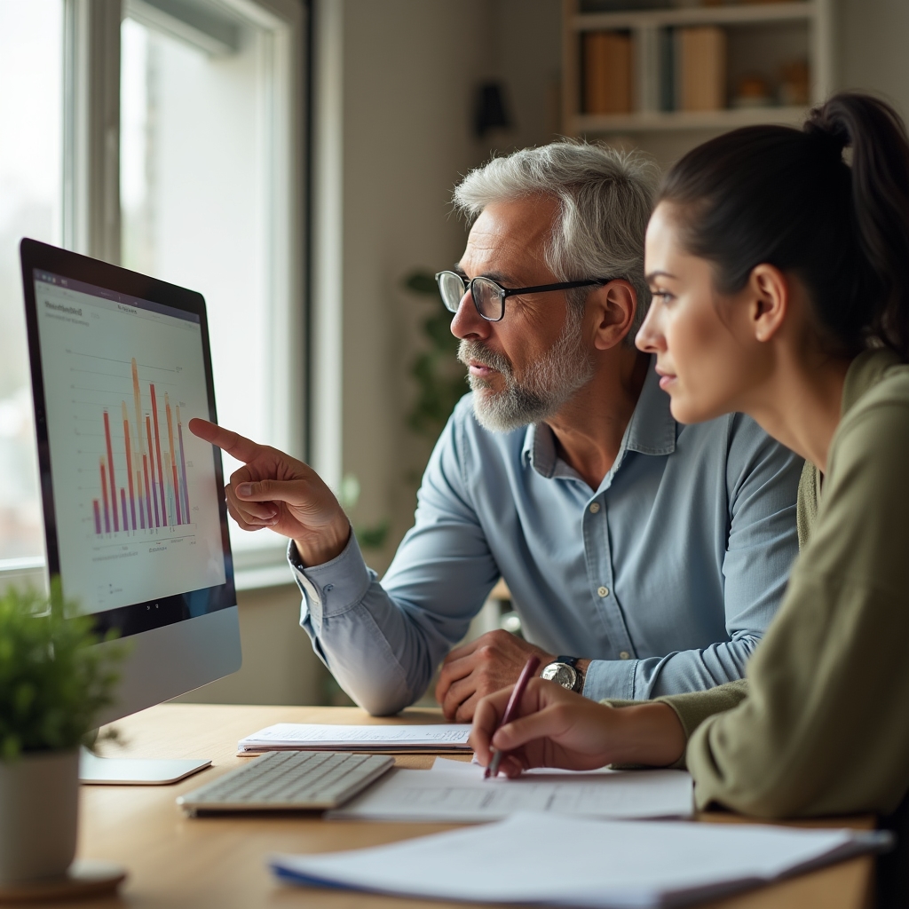 Consulente che indica un grafico su schermo mentre spiega un indicatore a un collega