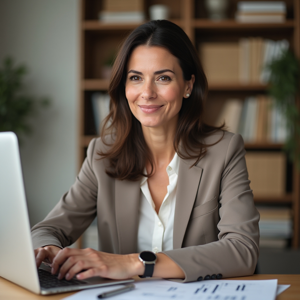 Consulente senior in ufficio domestico organizzato, seduto alla scrivania mentre osserva un report