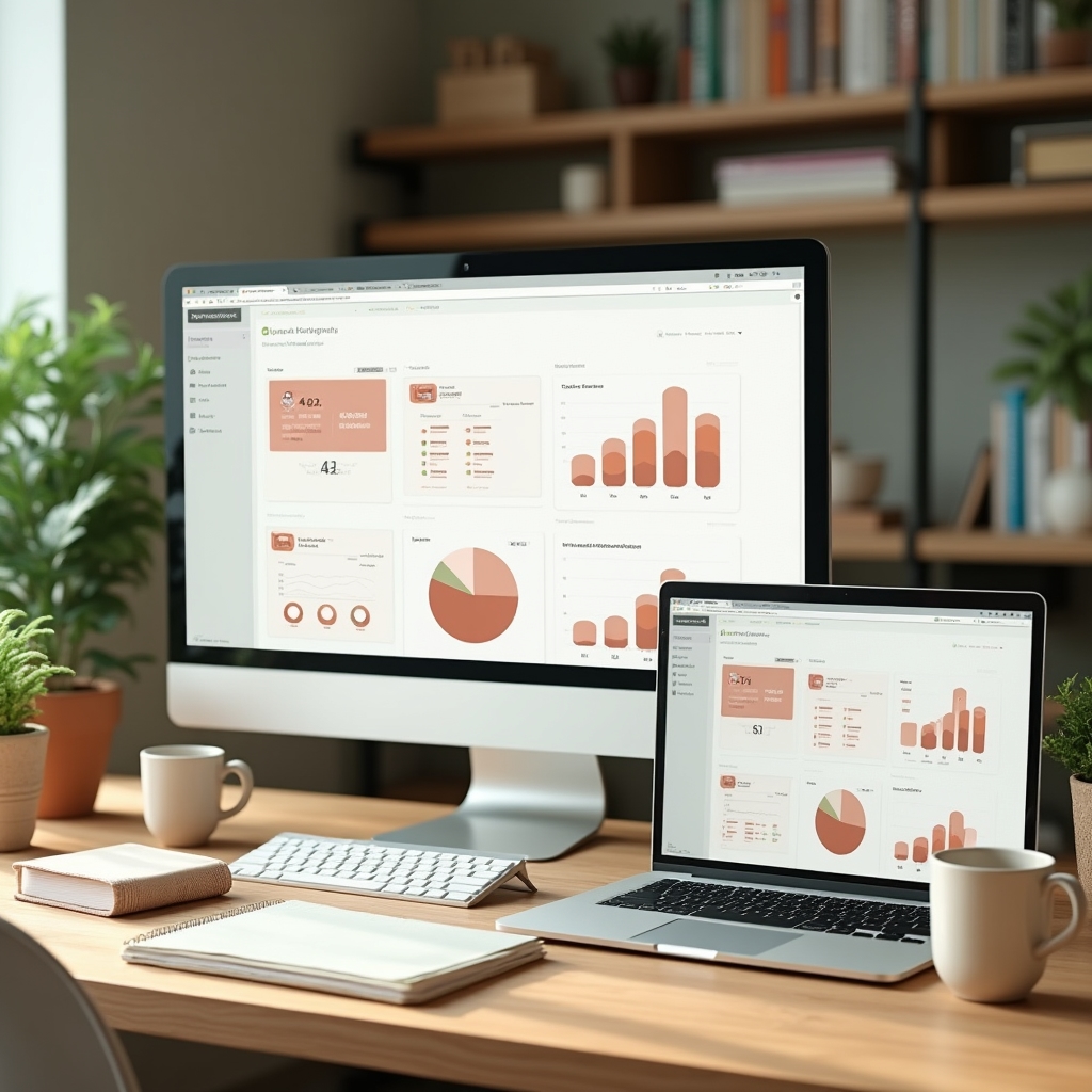 Scrivania di un ufficio moderno con schermo che mostra una dashboard di reportistica semplice