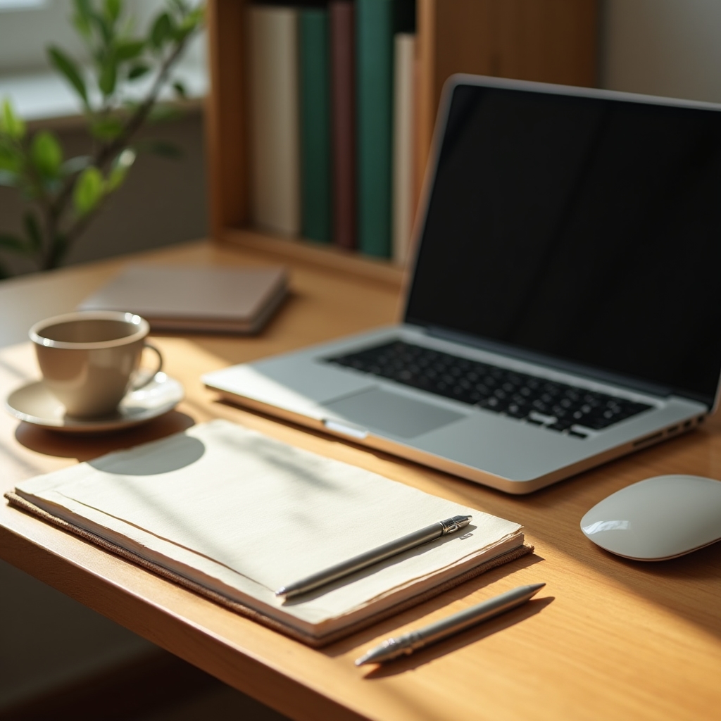 Scrivania ordinata con computer portatile e taccuino in un ufficio luminoso e tranquillo
