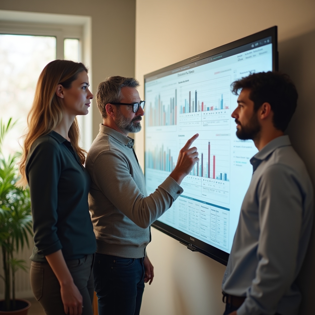 Team di una PMI che analizza insieme un report su uno schermo condiviso in ufficio