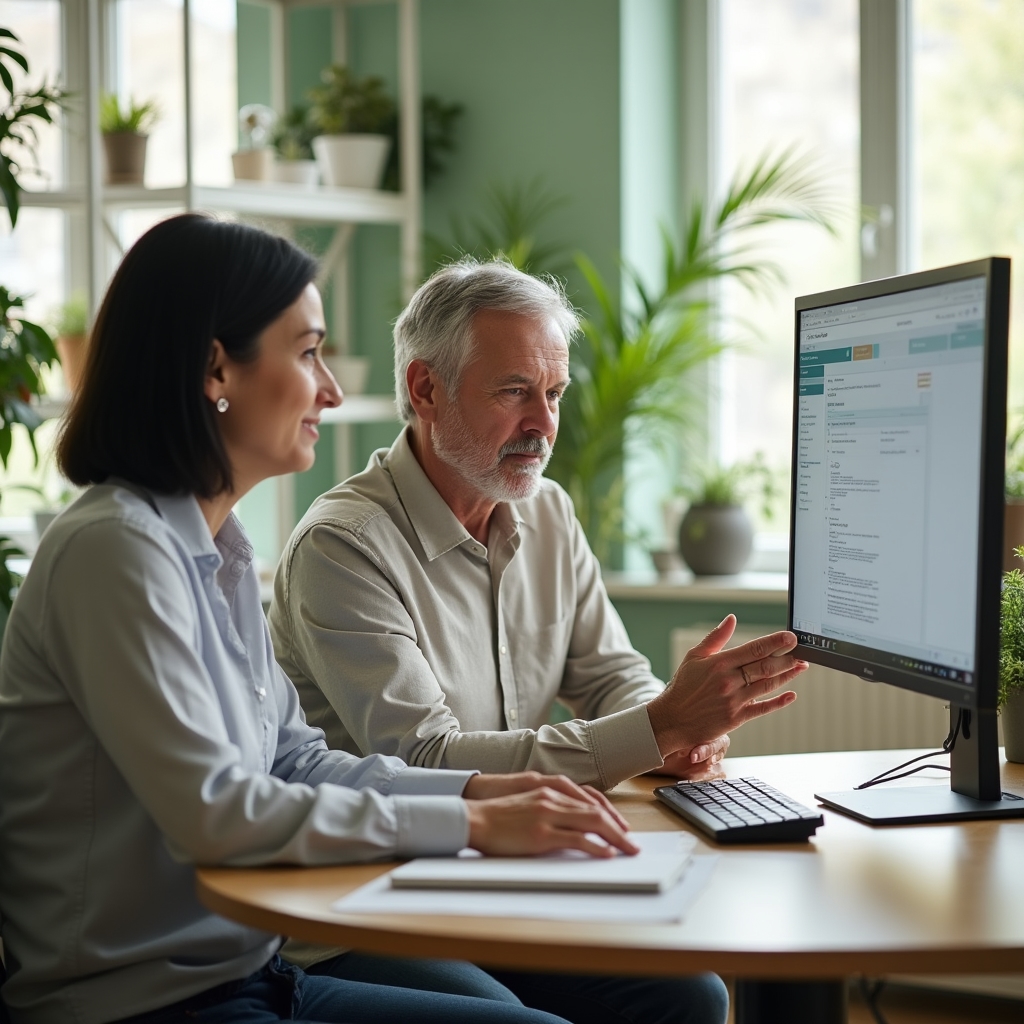 Sessione di formazione in ufficio con due persone che osservano un report su un monitor